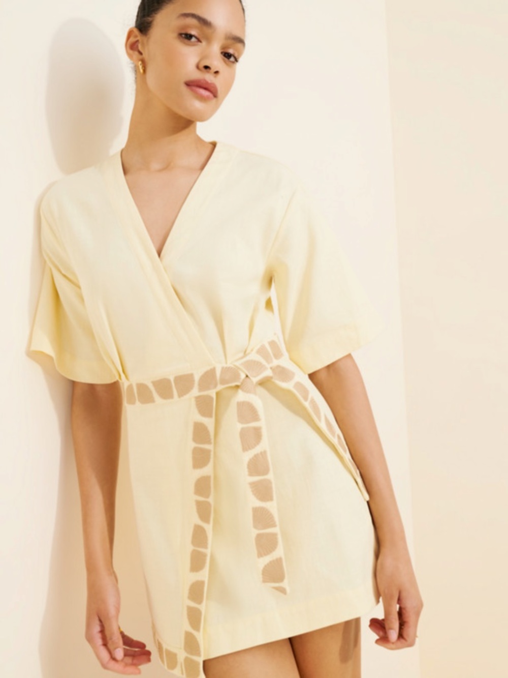MON RENN Acacia Pale Yellow Wrap Mini Dress Contrast Embroidery Tie Size S Boho